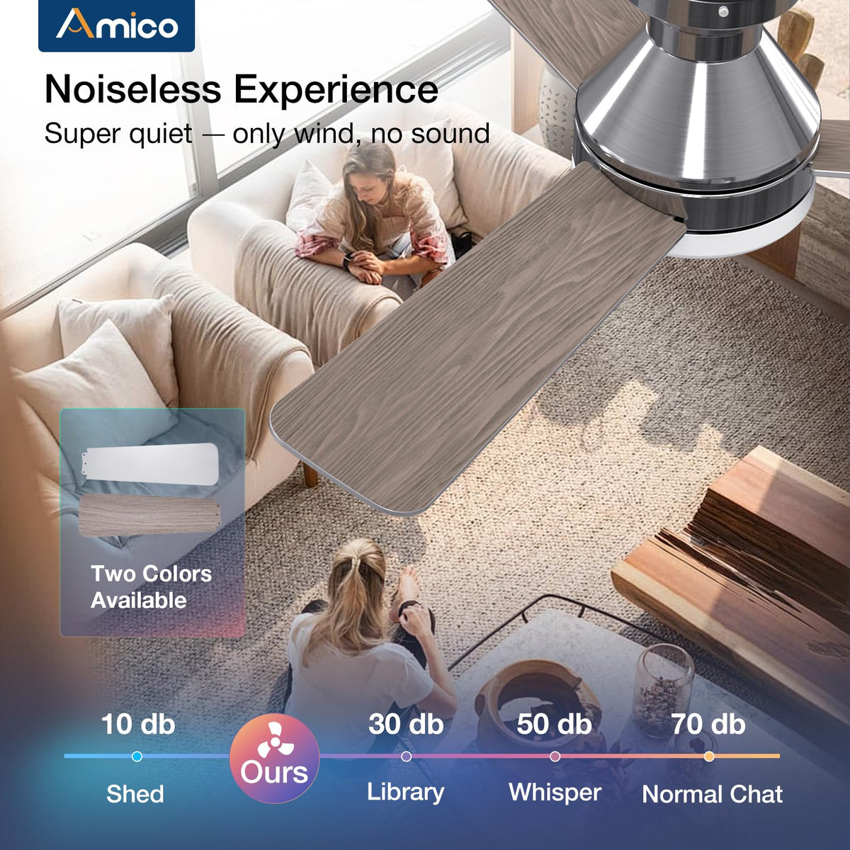 Amico 42in Low-Profile Ceiling Fan with Light & Remote – Quiet, Dimmable, 3CCT