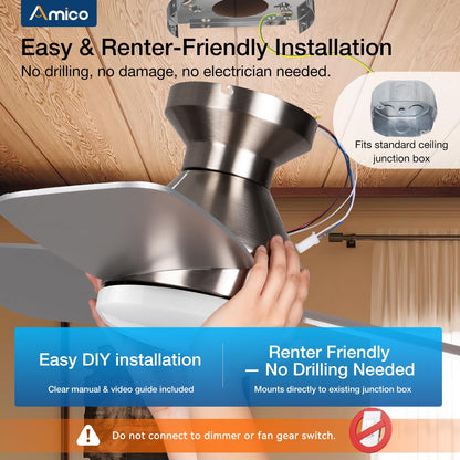 Amico 42in Low-Profile Ceiling Fan with Light & Remote – Quiet, Dimmable, 3CCT