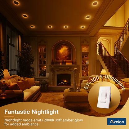 Amico 12-Pack 4-In LED Recessed Downlights with Night Light | 5 CCTs, Dimmable, 700 lm, 10W (90W Equivalent), Canless Wafer - ETL/FCC