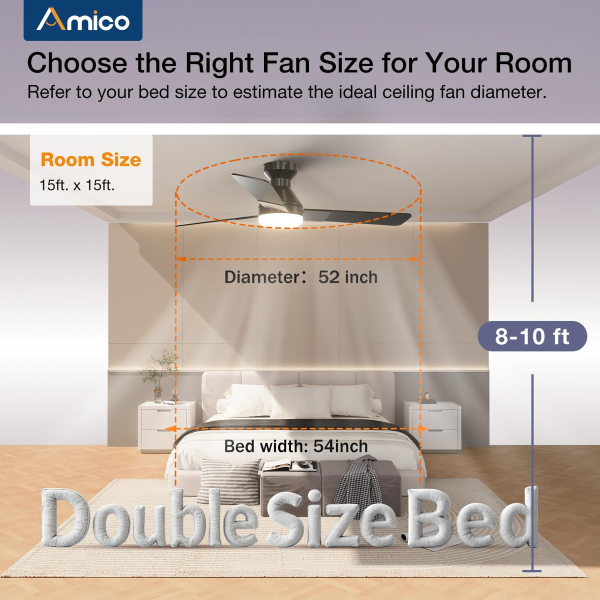 Amico 52-Inch Ceiling Fan with Light and Remote – Low Profile Flush Mount, 3CCT, Dimmable, Quiet DC Motor