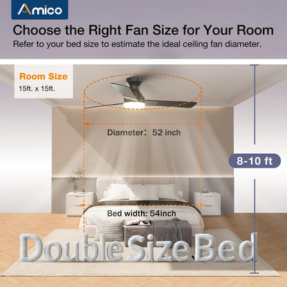 Amico 52-Inch Ceiling Fan with Light and Remote – Low Profile Flush Mount, 3CCT, Dimmable, Quiet DC Motor