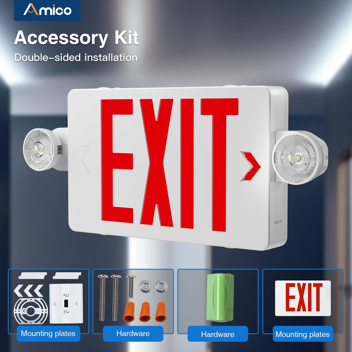 Amico 12 Pack Red Exit Signs with Emergency Lights | ETL Certified, 120/277V