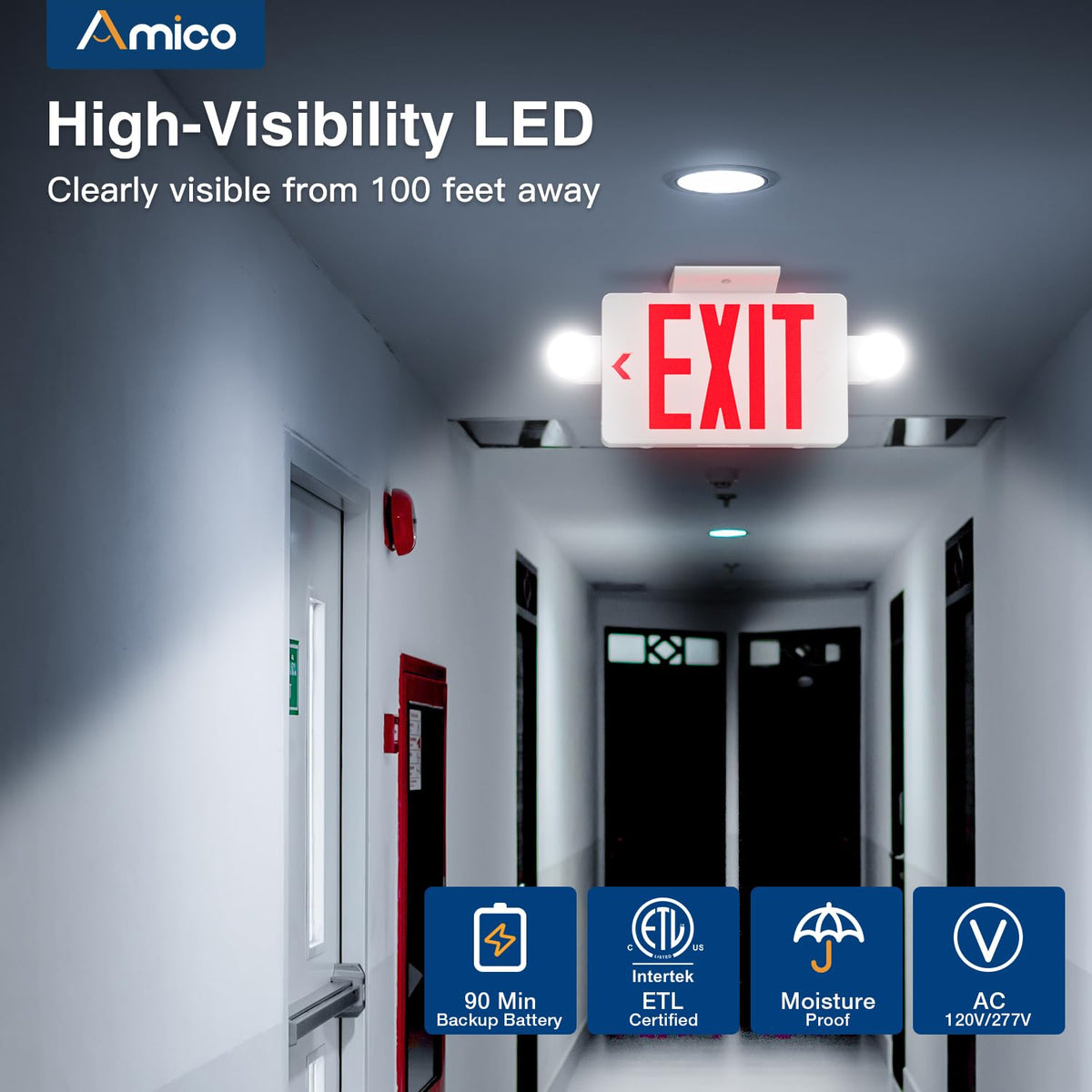 Amico 12 Pack Red Exit Signs with Emergency Lights | ETL Certified, 120/277V