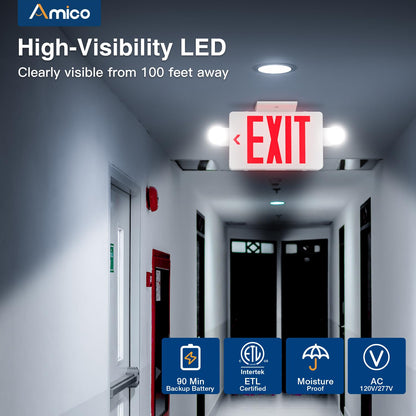Amico 12 Pack Red Exit Signs with Emergency Lights | ETL Certified, 120/277V