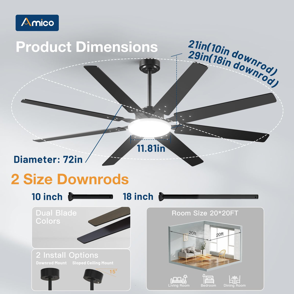 Amico 72-Inch Ceiling Fan with Lights – Remote, Dimmable, 3-CCT, Quiet, Indoor/Outdoor