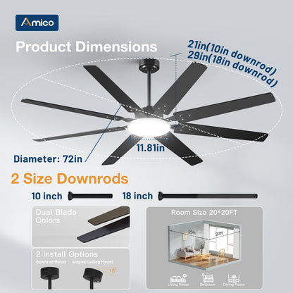Amico 72-Inch Ceiling Fan with Lights – Remote, Dimmable, 3-CCT, Quiet, Indoor/Outdoor