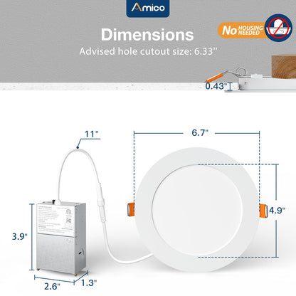 Amico 4-Pack 6-Inch 5CCT Ultra-Thin LED Recessed Lights – Dimmable, Damp-Rated