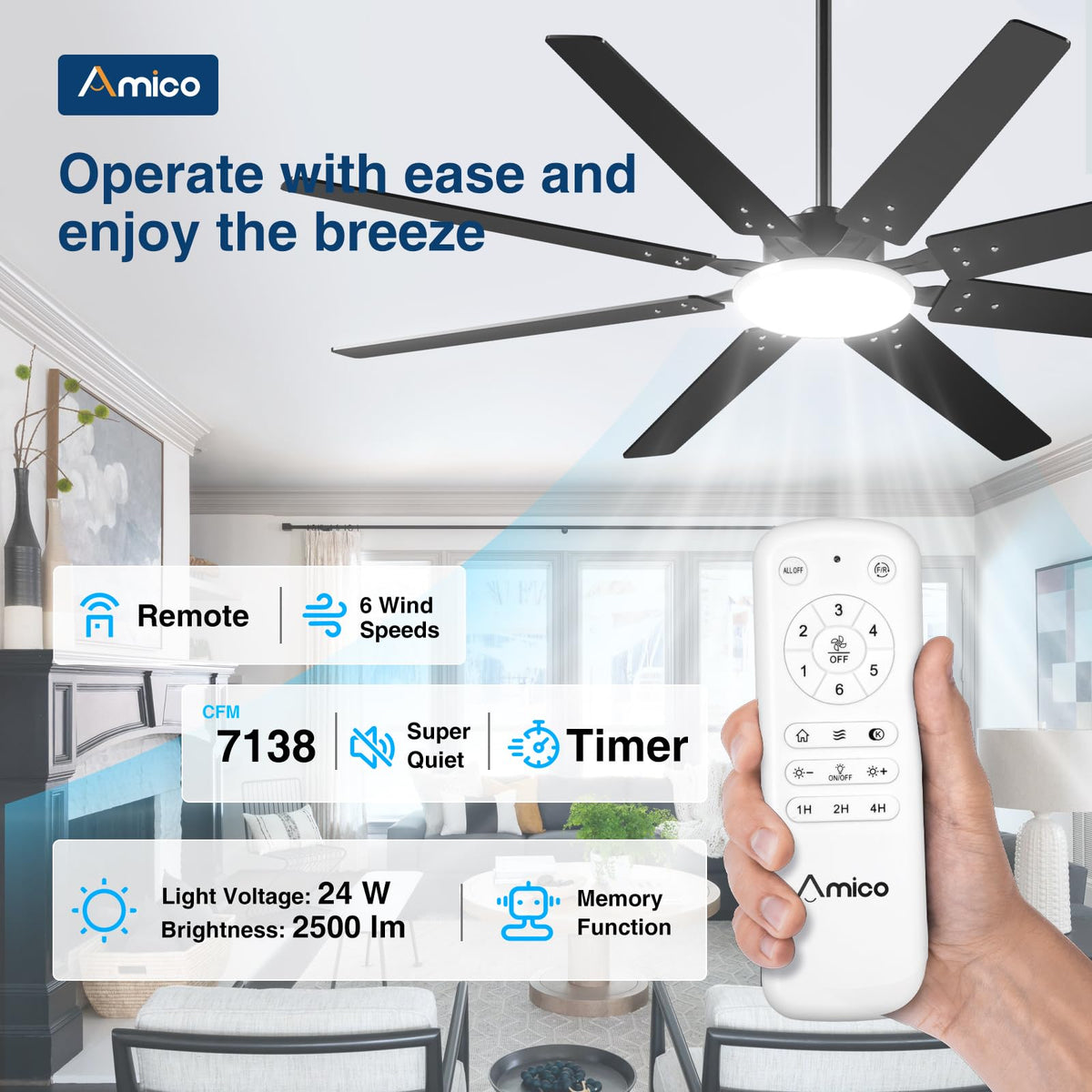 Amico 72-Inch Ceiling Fan with Lights – Remote, Dimmable, 3-CCT, Quiet, Indoor/Outdoor