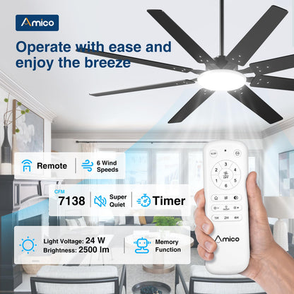 Amico 72-Inch Ceiling Fan with Lights – Remote, Dimmable, 3-CCT, Quiet, Indoor/Outdoor
