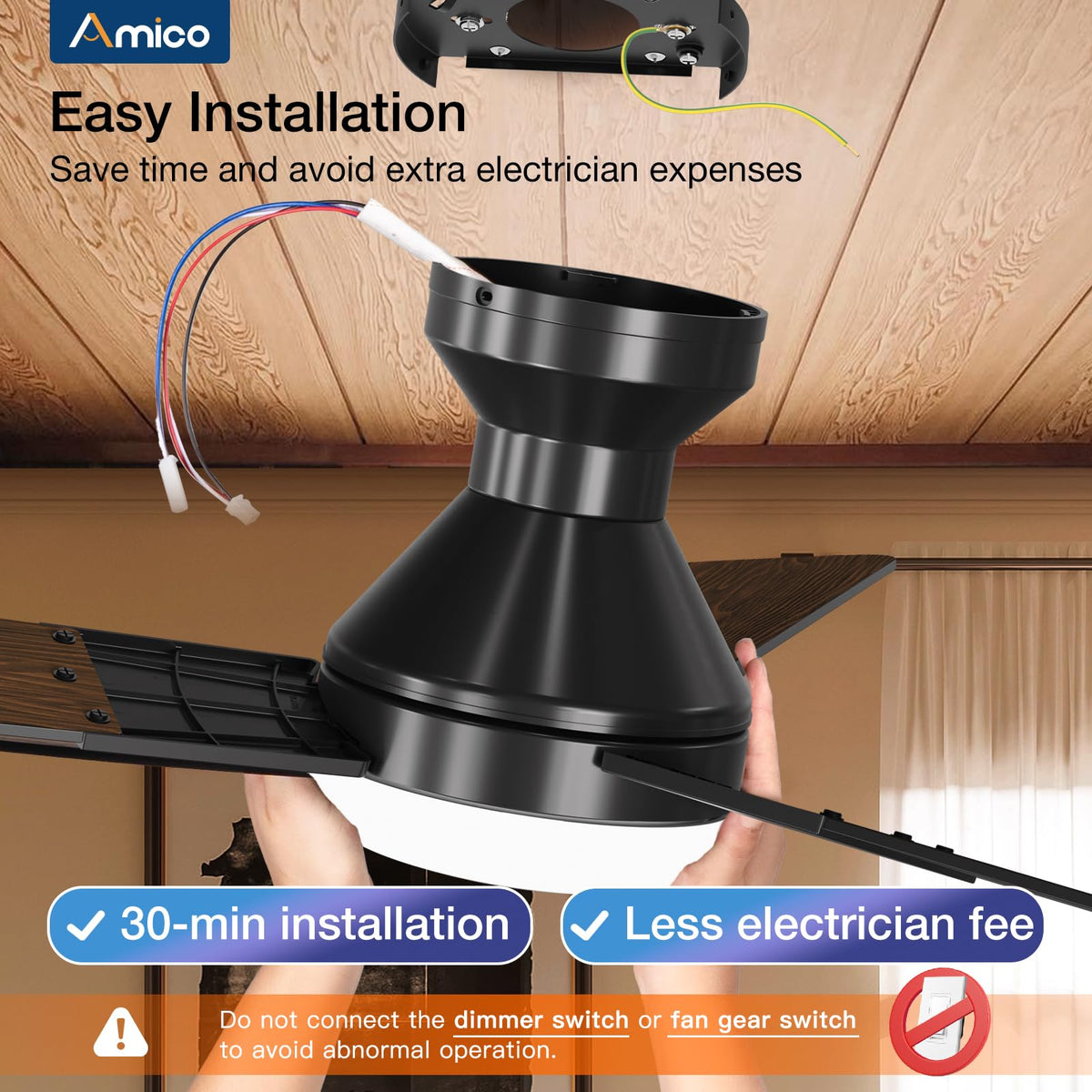 Amico 52-Inch Ceiling Fan with Light and Remote – Low Profile Flush Mount, 3CCT, Dimmable, Quiet DC Motor