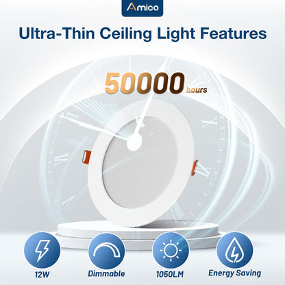 Amico 4-Pack 6-Inch 5CCT Ultra-Thin LED Recessed Lights – Dimmable, Damp-Rated