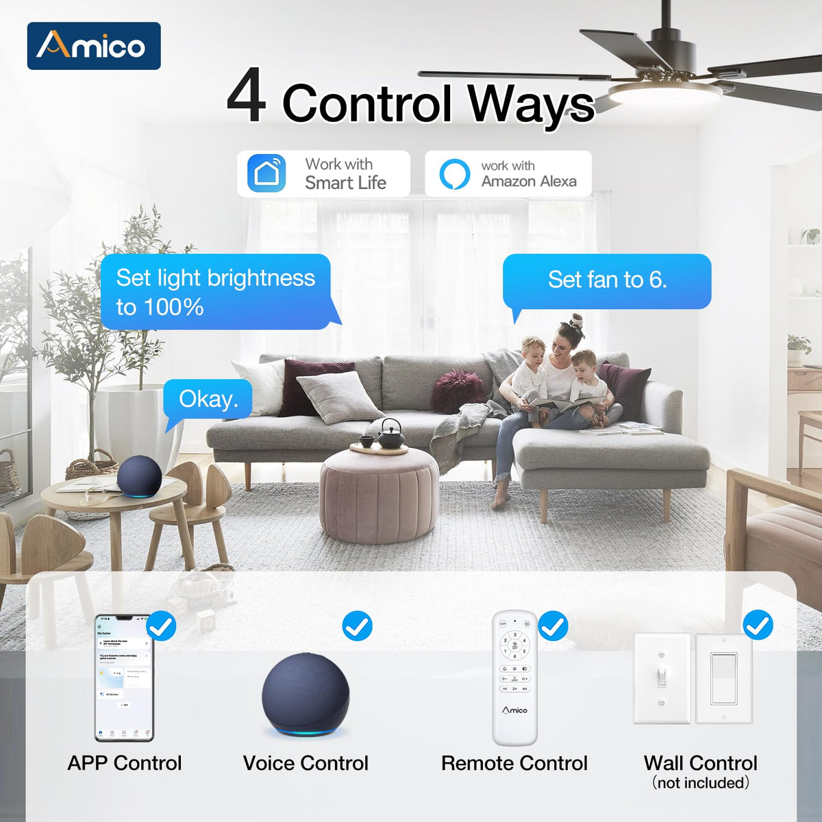 Amico 52-Inch Smart Ceiling Fan with Lights – DC Motor, Alexa, Remote, App, 3CCT, Dimmable, Black