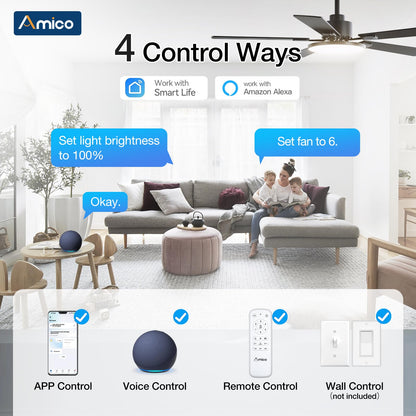 Amico 52-Inch Smart Ceiling Fan with Lights – DC Motor, Alexa, Remote, App, 3CCT, Dimmable, Black