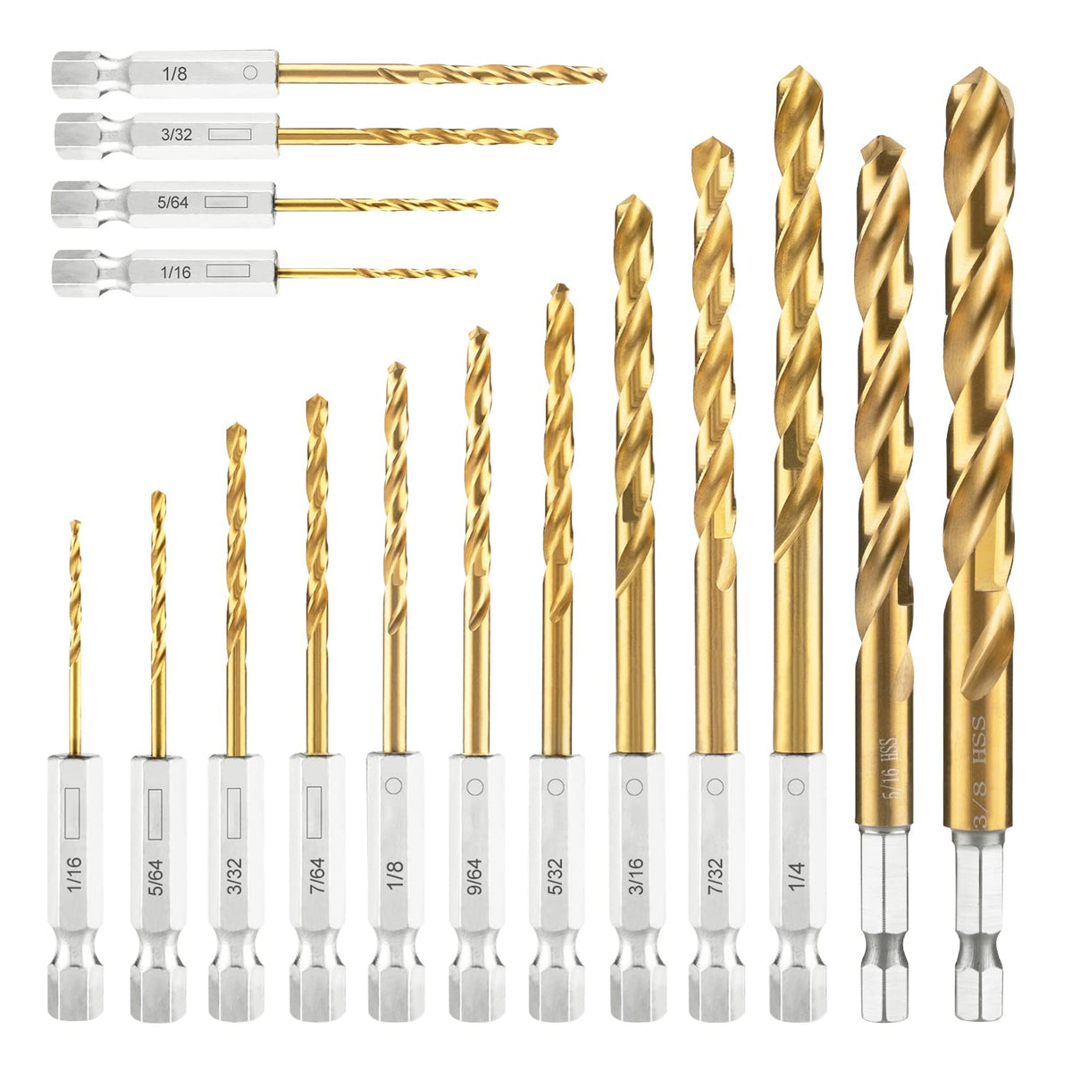 amoolo 16-Piece Hex Shank Drill Bit Set – Titanium HSS Twist Bits (1/16–3/8 in)