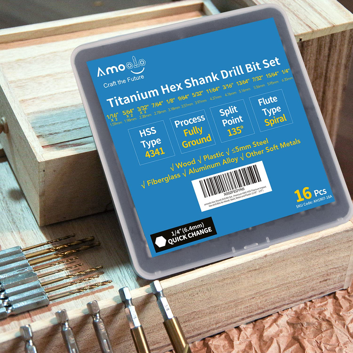 amoolo 16-Piece Hex Shank Drill Bit Set – Titanium HSS Twist Bits (1/16–3/8 in)