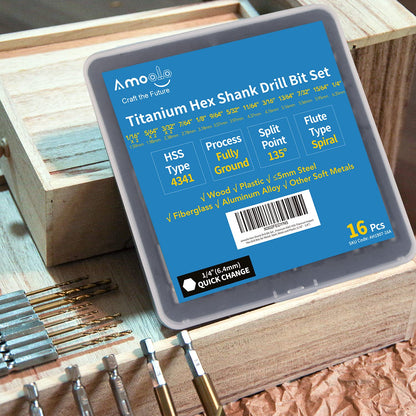 amoolo 16-Piece Hex Shank Drill Bit Set – Titanium HSS Twist Bits (1/16–3/8 in)