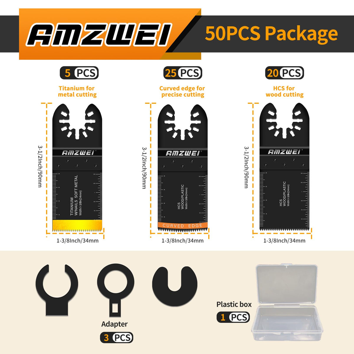 AMZWEI 50PCS Multi Tool Blade Kit — Titanium & HCS Blades with Universal Adapters