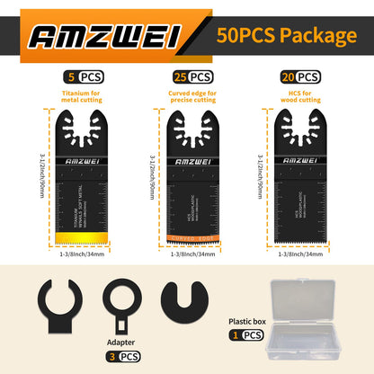 AMZWEI 50PCS Multi Tool Blade Kit — Titanium & HCS Blades with Universal Adapters