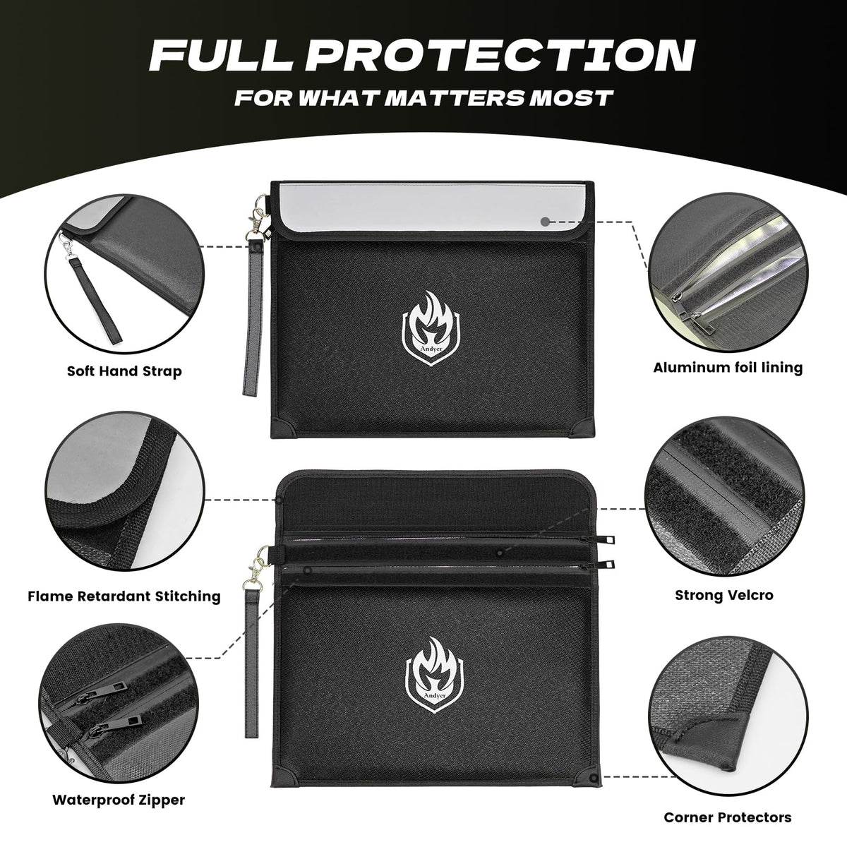 Andyer 2-Pockets Fireproof Document Bag 6200°F | Waterproof, Reflective, 10-Layer Safe Storage