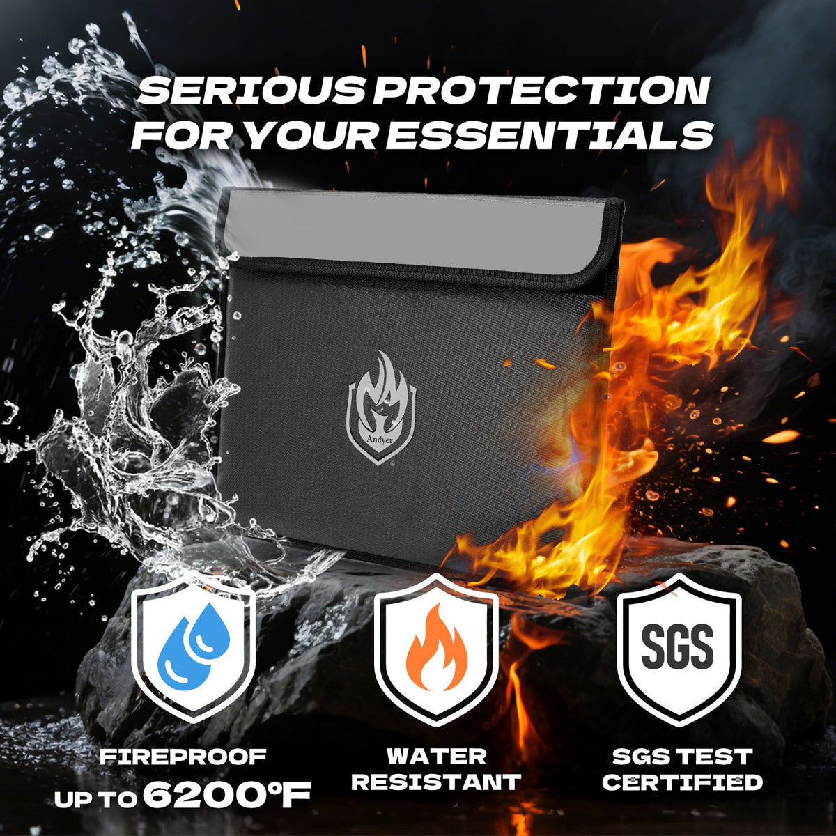 Andyer 2-Pockets Fireproof Document Bag 6200°F | Waterproof, Reflective, 10-Layer Safe Storage