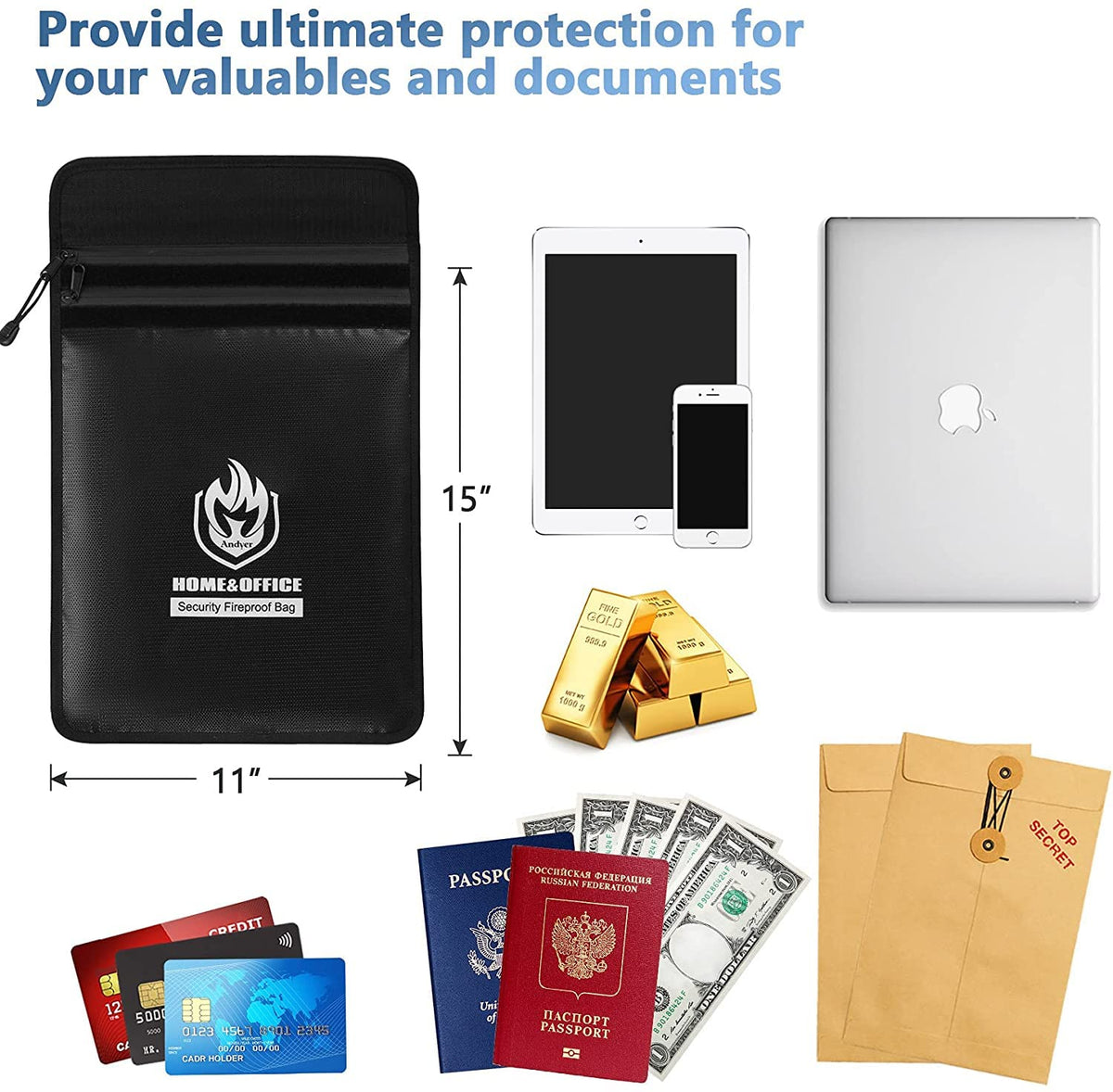 andyer Upgraded Two-Pockets Fireproof Document Bag (2000℉) – 15x11” Waterproof Fire Safe Envelope