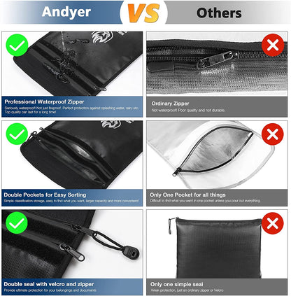 andyer Upgraded Two-Pockets Fireproof Document Bag (2000℉) – 15x11” Waterproof Fire Safe Envelope