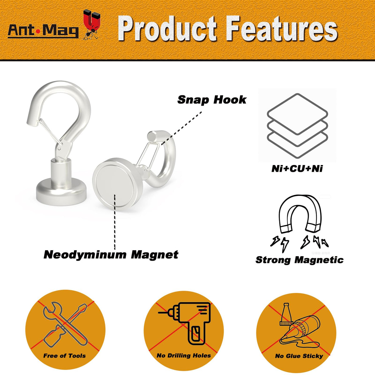 Ant Mag Magnetic Hooks Heavy Duty with Snap – 22 lbs, 20 Pack