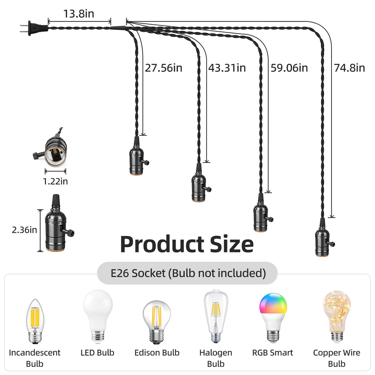 Aokpsrt Vintage Plug-in Pendant Light Kit — 4-Socket E26/E27, Individual Rotary Switches, Black