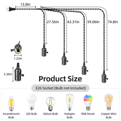 Aokpsrt Vintage Plug-in Pendant Light Kit — 4-Socket E26/E27, Individual Rotary Switches, Black