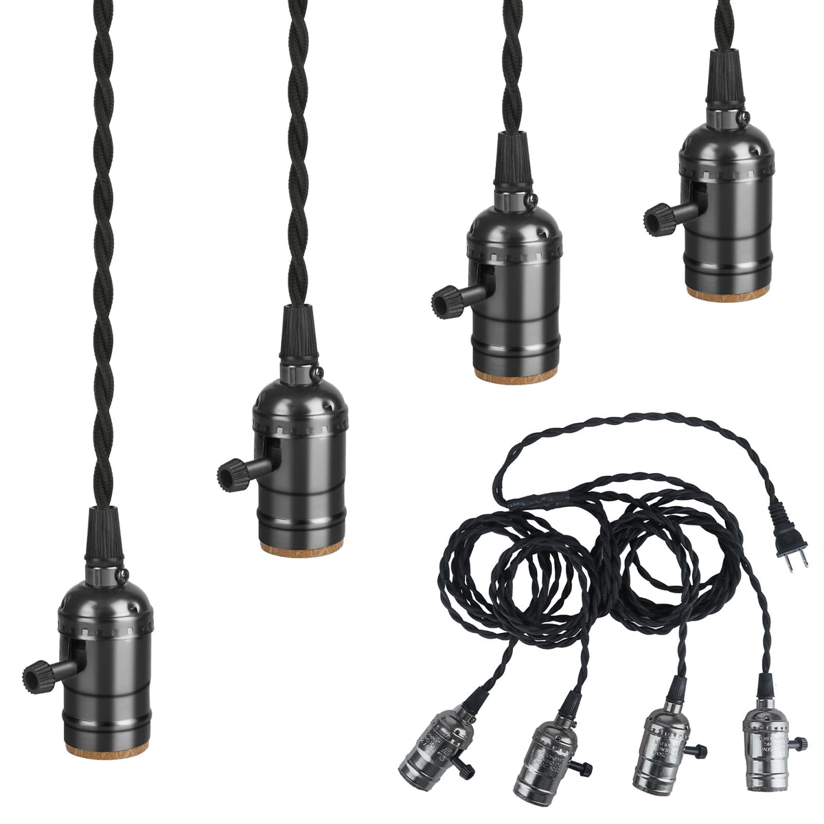 Aokpsrt Vintage Plug-in Pendant Light Kit — 4-Socket E26/E27, Individual Rotary Switches, Black