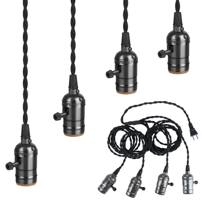 Aokpsrt Vintage Plug-in Pendant Light Kit — 4-Socket E26/E27, Individual Rotary Switches, Black