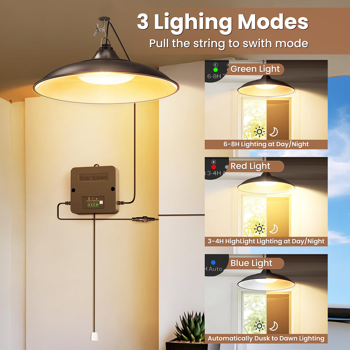 APILAB Solar Shed Light Indoor/Outdoor — Warm White Pendant, Pull String, 3 Modes
