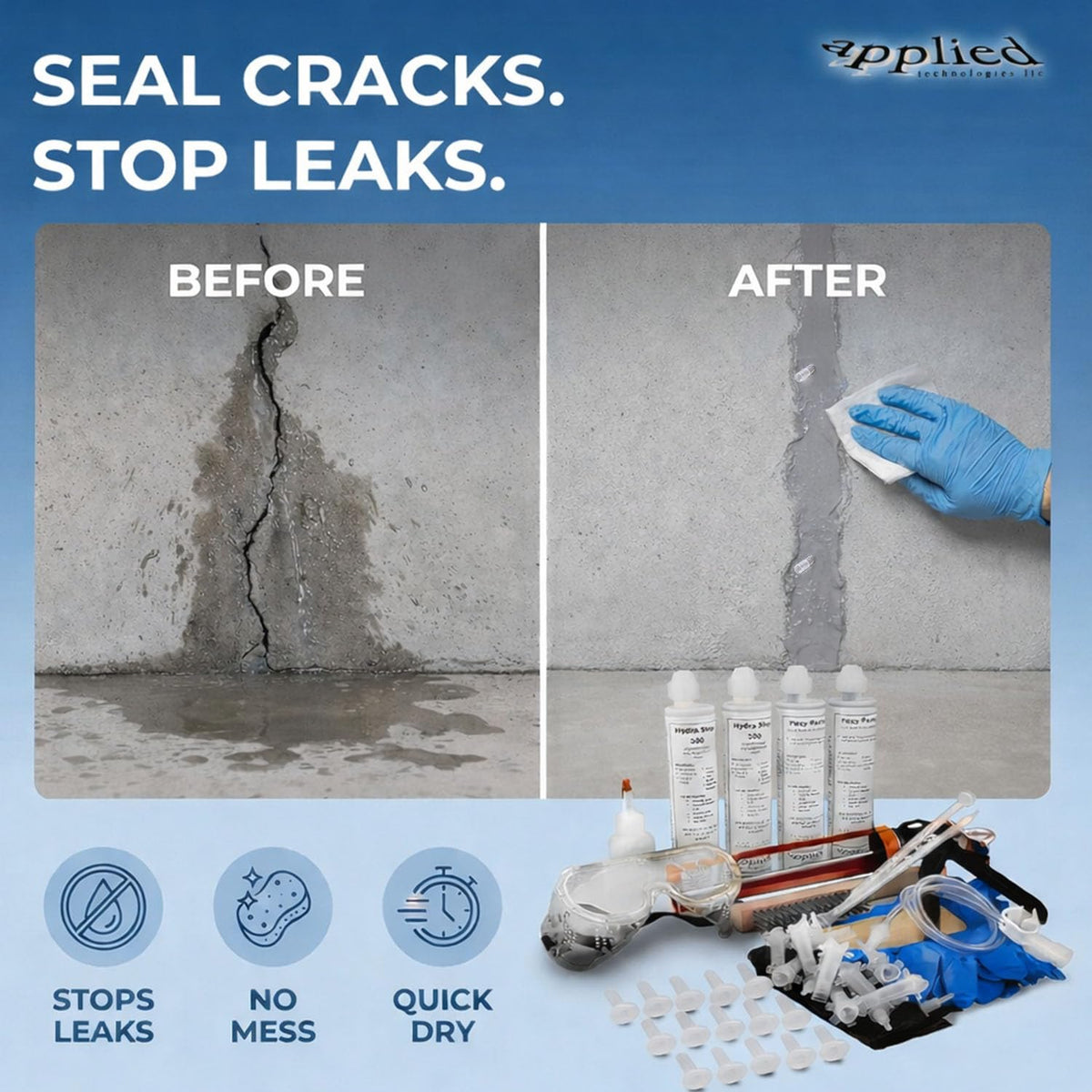 Applied Technologies 10ft Fast Set Concrete Crack Repair Kit | Hydra Stop 300