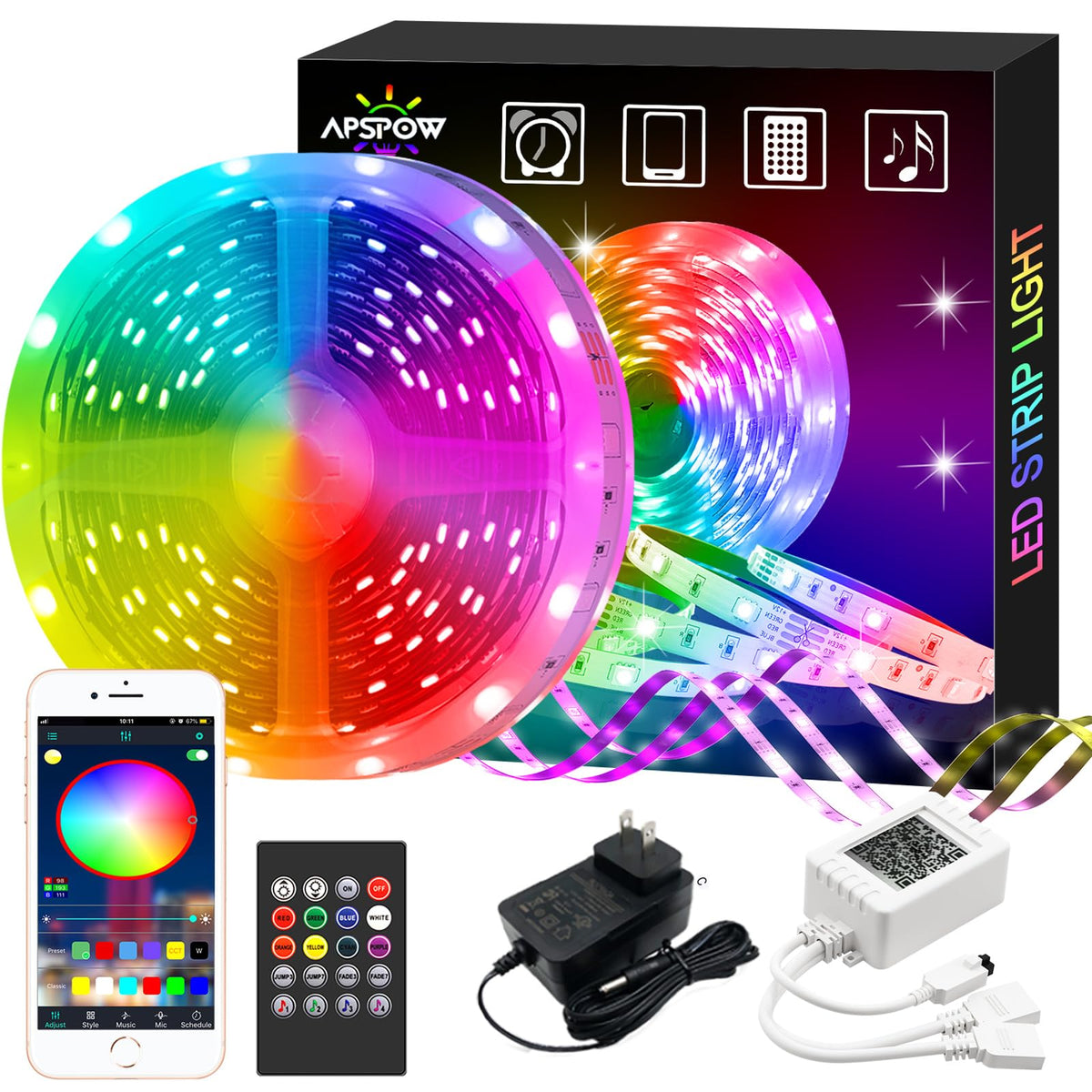 APSPOW LED Strip Lights 100ft – Bluetooth & App Control, Multicolor RGB, Music Sync