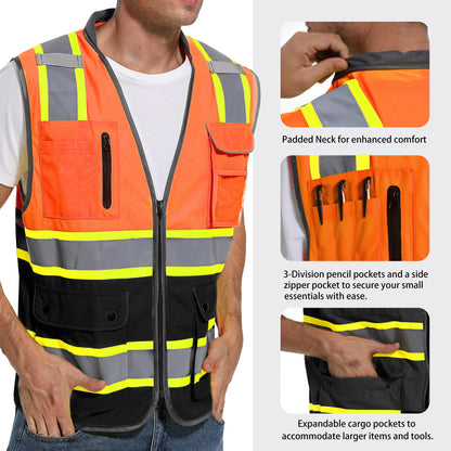 ArcRidge Reflective Safety Vest – Class 2 High-Visibility (Orange-Black, Unisex, Medium)