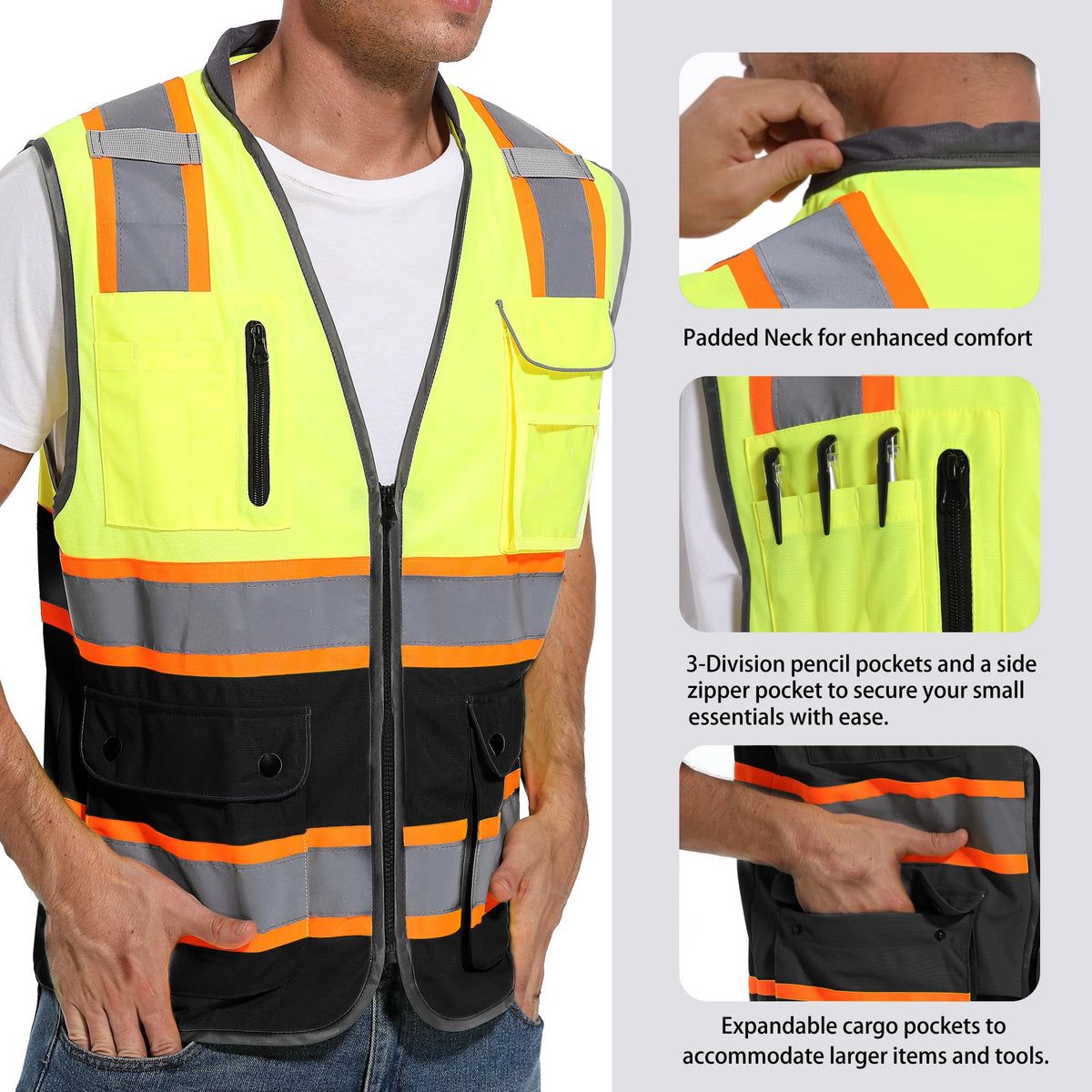 ArcRidge Reflective Safety Vest – High Visibility Unisex Work Vest (Yellow-Black, X-Large)