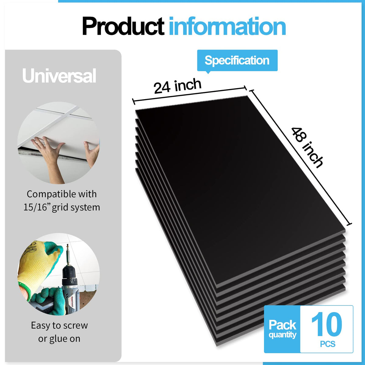 Art3d 10-Pack Smooth Drop Ceiling Tile 2x4 ft | Black, Fire-Rated, Waterproof PVC Panels