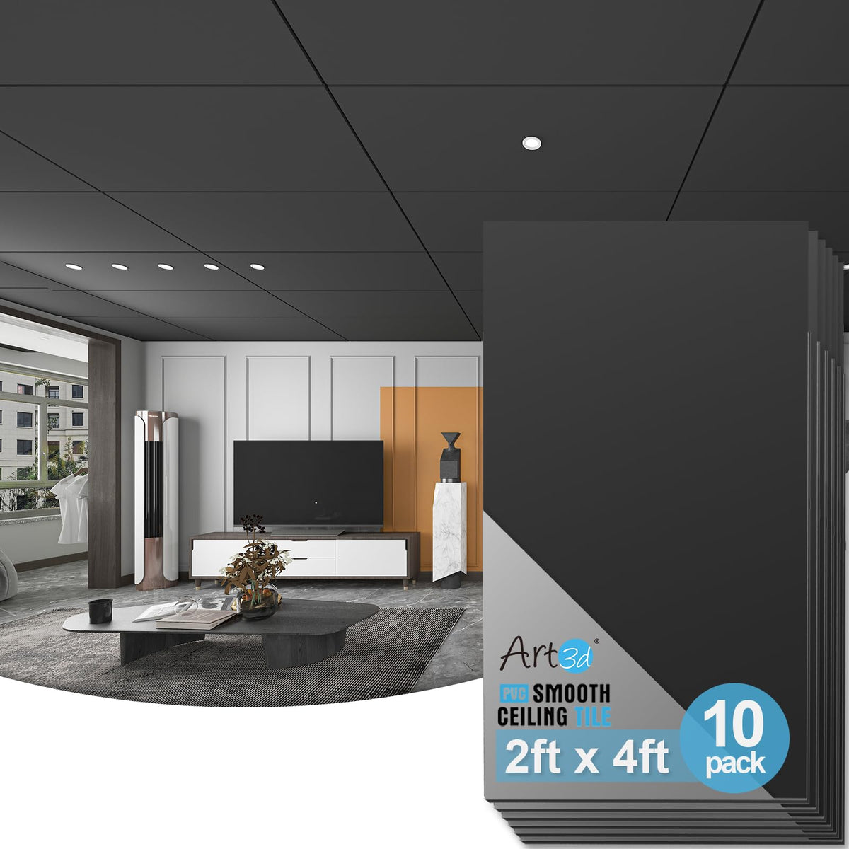 Art3d 10-Pack Smooth Drop Ceiling Tile 2x4 ft | Black, Fire-Rated, Waterproof PVC Panels