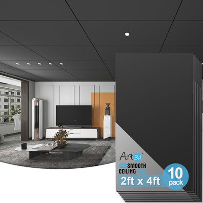 Art3d 10-Pack Smooth Drop Ceiling Tile 2x4 ft | Black, Fire-Rated, Waterproof PVC Panels