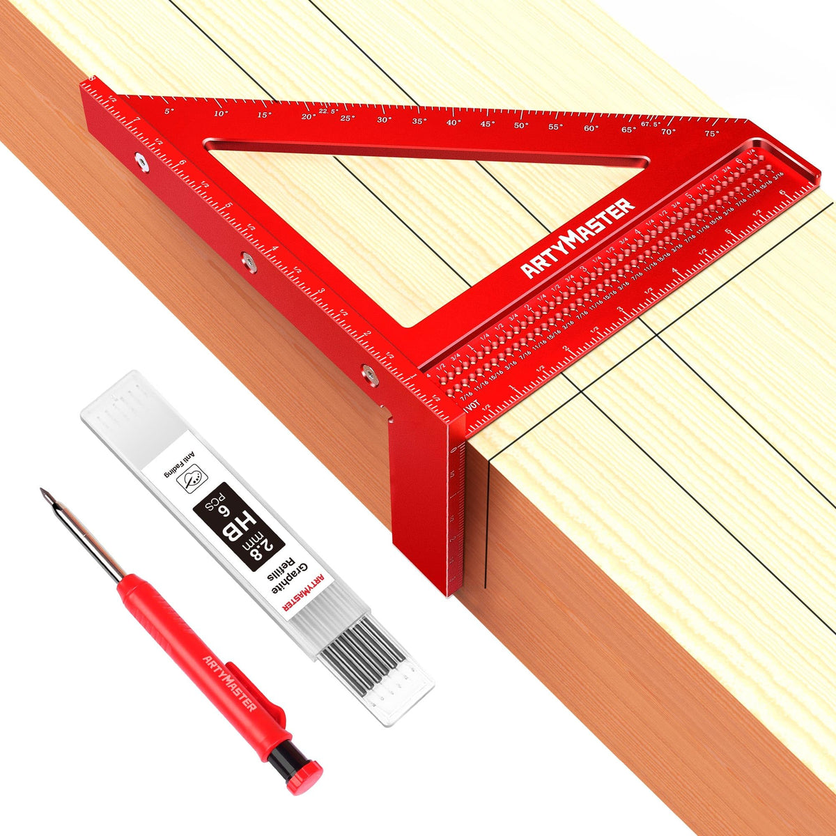 ARTYMASTER WT103B 8-Inch 3D Multi-Angle Measuring Square Ruler – High-Precision Aluminum Carpenter Square with Pencil Refills