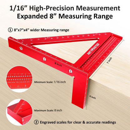 ARTYMASTER WT103B 8-Inch 3D Multi-Angle Measuring Square Ruler – High-Precision Aluminum Carpenter Square with Pencil Refills