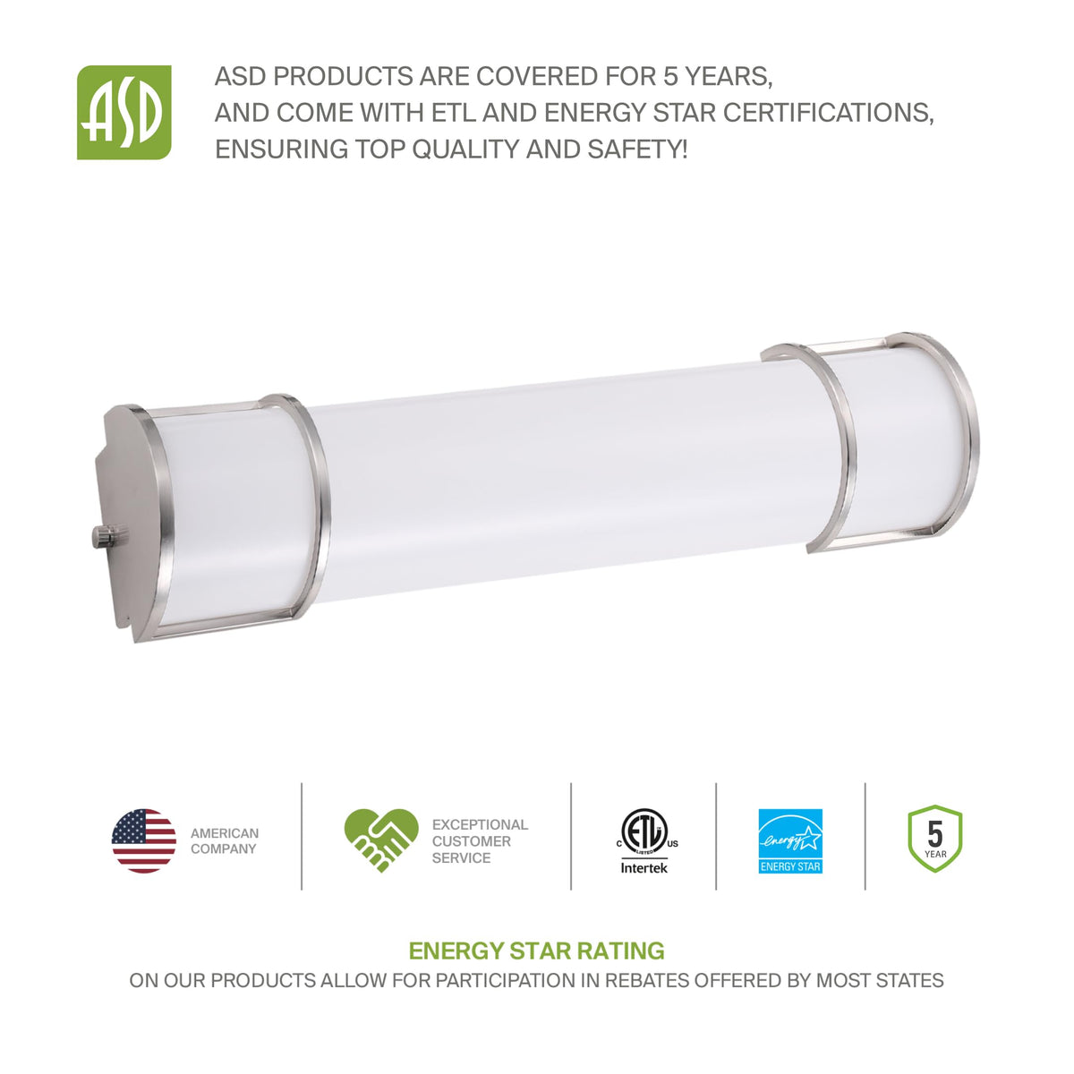 ASD LED 36" Vanity Flush Mount Light — 3-CCT, Dimmable, Energy Star | ETL Listed | Nickel