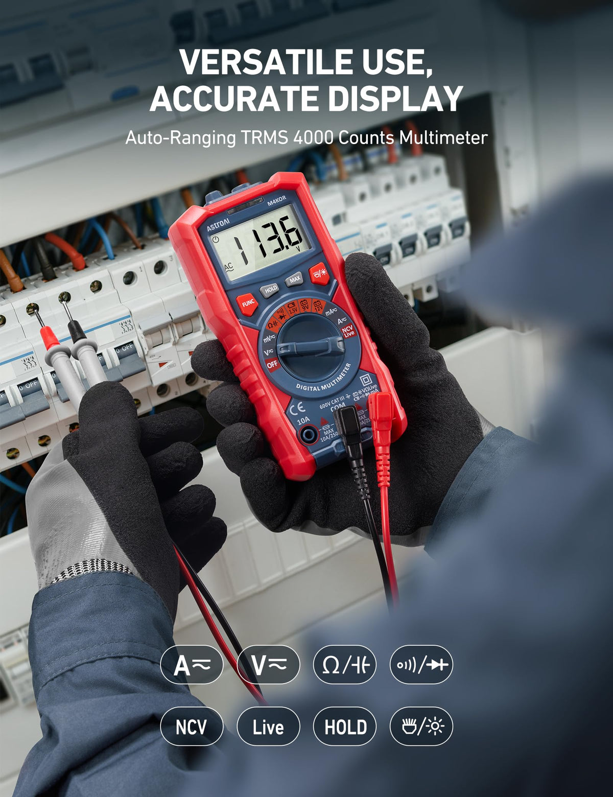 AstroAI M4K0R Multimeter – TRMS 4000 Counts, Auto-Ranging, 600V/10A/40MΩ, NCV