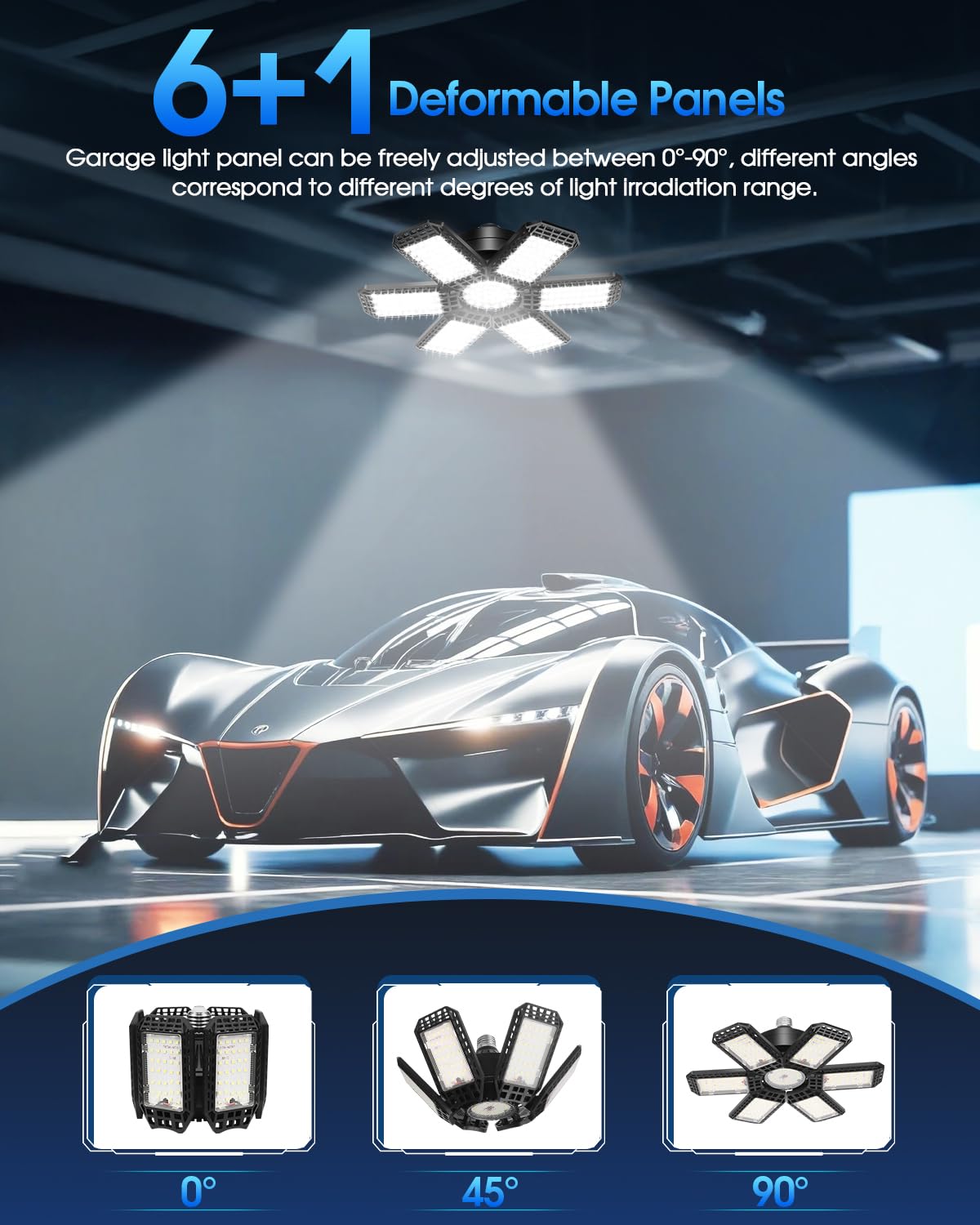 Audles 1 Pack Garage Light - 200W, 20000LM, 6500K, 6+1 Deformable Panels, E26/E27 Socket
