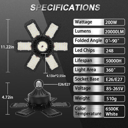 AUDLES 200W LED Garage Light - 6+1 Deformable Panels, 20000LM, E26/E27