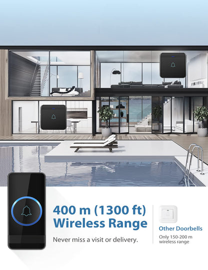 AVANTEK Wireless Doorbell D-3B – 1300 ft Range, 52 Melodies, Waterproof, LED Flash, 1 Button + 2 Receivers