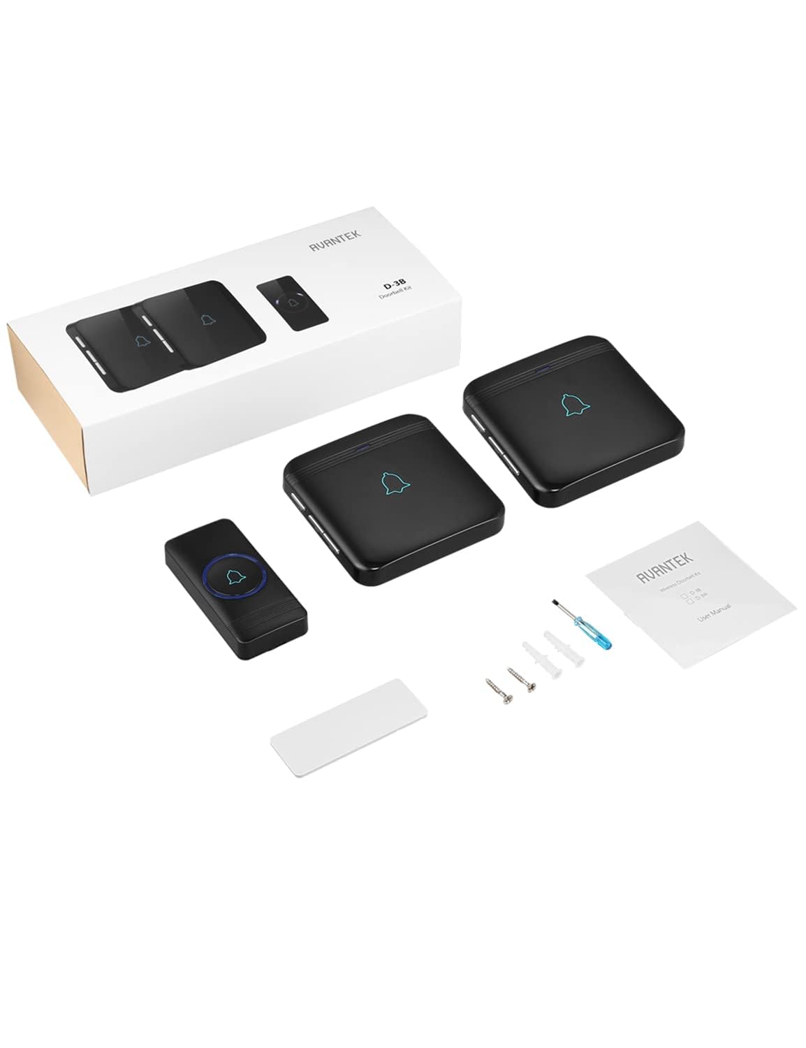 AVANTEK Wireless Doorbell D-3B – 1300 ft Range, 52 Melodies, Waterproof, LED Flash, 1 Button + 2 Receivers