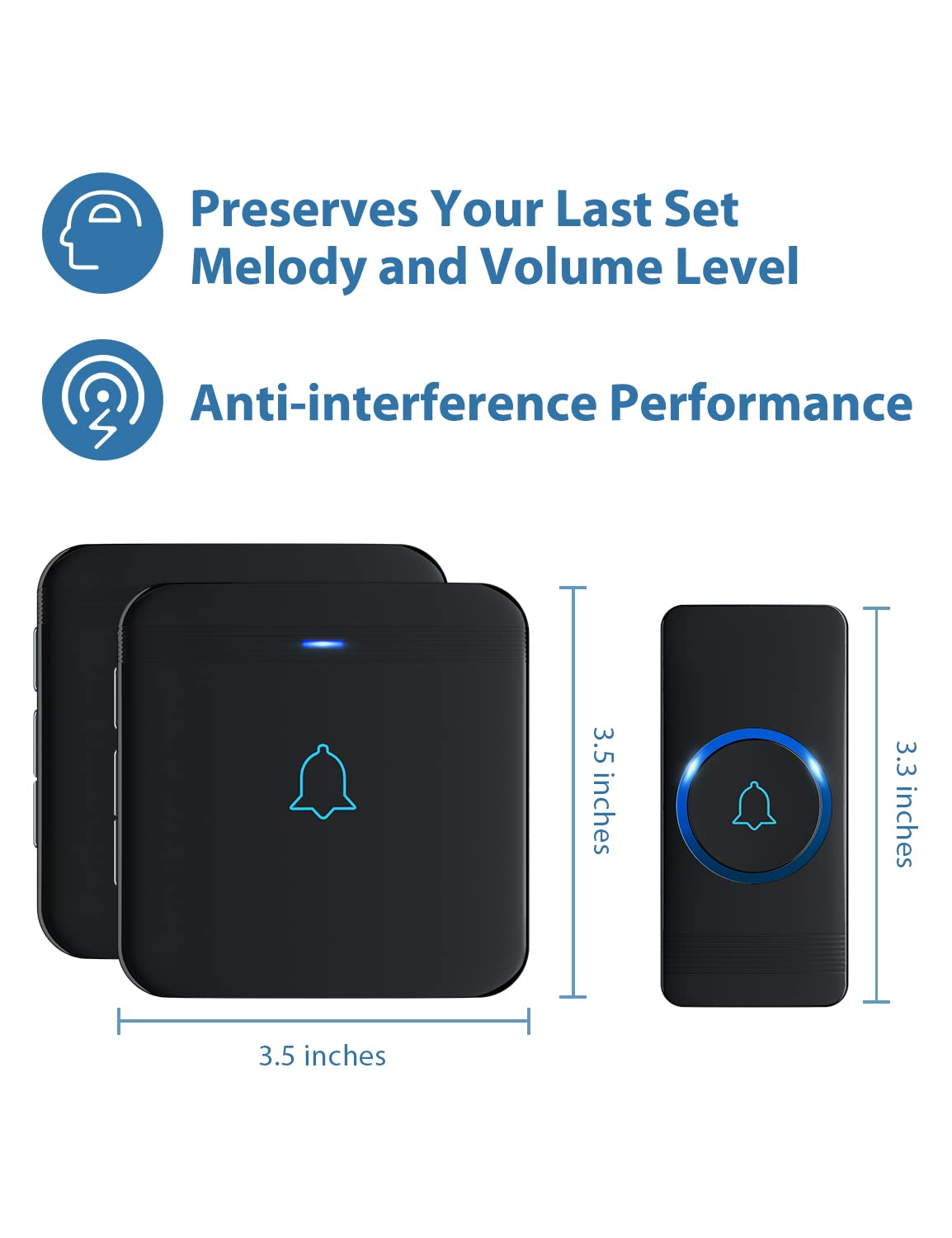 AVANTEK Wireless Doorbell D-3B – 1300 ft Range, 52 Melodies, Waterproof, LED Flash, 1 Button + 2 Receivers