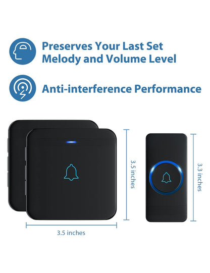 AVANTEK Wireless Doorbell D-3B – 1300 ft Range, 52 Melodies, Waterproof, LED Flash, 1 Button + 2 Receivers