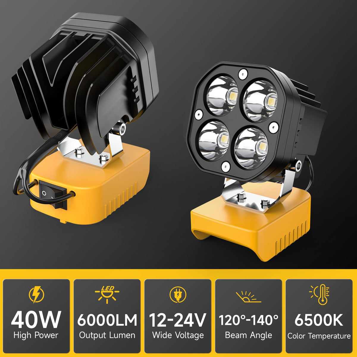 Azocek LED Work Light – Dewalt 20V Compatible, 6000 Lumens, 40W, 120° Adjustable